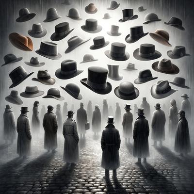 The primary subject of the image is a large group of people wearing hats. They are standing in a dark, foggy environment, which creates a mysterious and moody atmosphere. The visual style of the image is a combination of photo and digital art, as it appears to be a photograph with a digital artistic touch. The colors in the image are predominantly dark, with the hats and the people's clothing being the main focus.